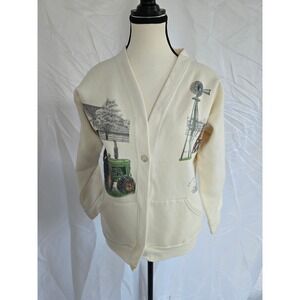 Vintage Cream Farm Tractor Windmill Embroidered Sweatshirt Cardigan Women's‎ Med
